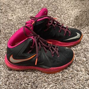 Nike LeBron X Black and Pink High-Tops with Orange Swoosh